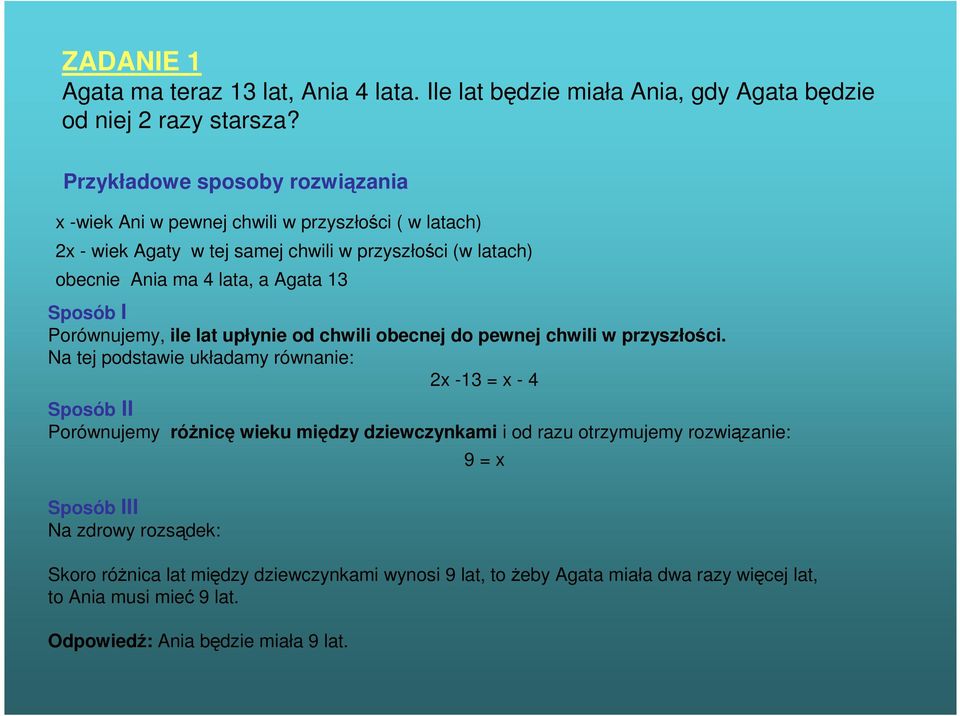 13 Sposób I Porównujemy, ile lat upłynie od chwili obecnej do pewnej chwili w przyszłości.