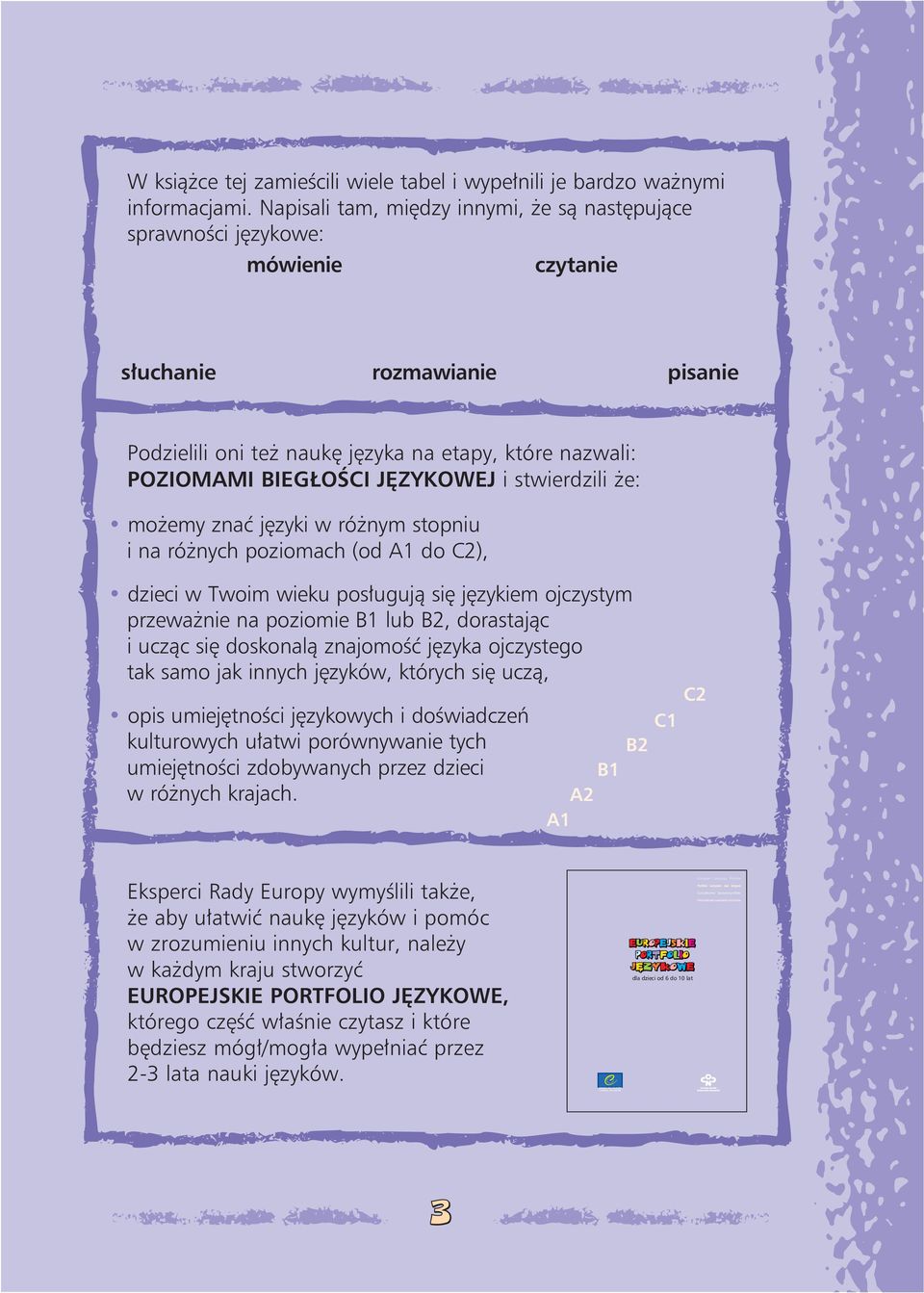 JĘZYKOWEJ i stwierdzili że: możemy znać języki w różnym stopniu i na różnych poziomach (od A1 do C2), dzieci w Twoim wieku posługują się językiem ojczystym przeważnie na poziomie B1 lub B2,