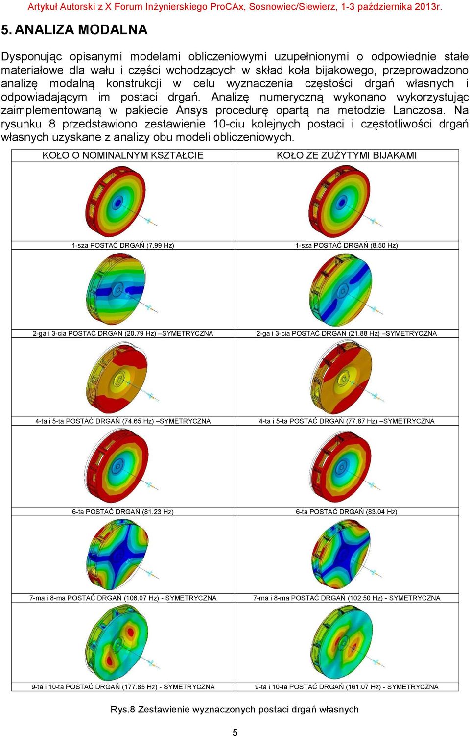 Analizę numeryczną wykonano wykorzystując zaimplementowaną w pakiecie Ansys procedurę opartą na metodzie Lanczosa.