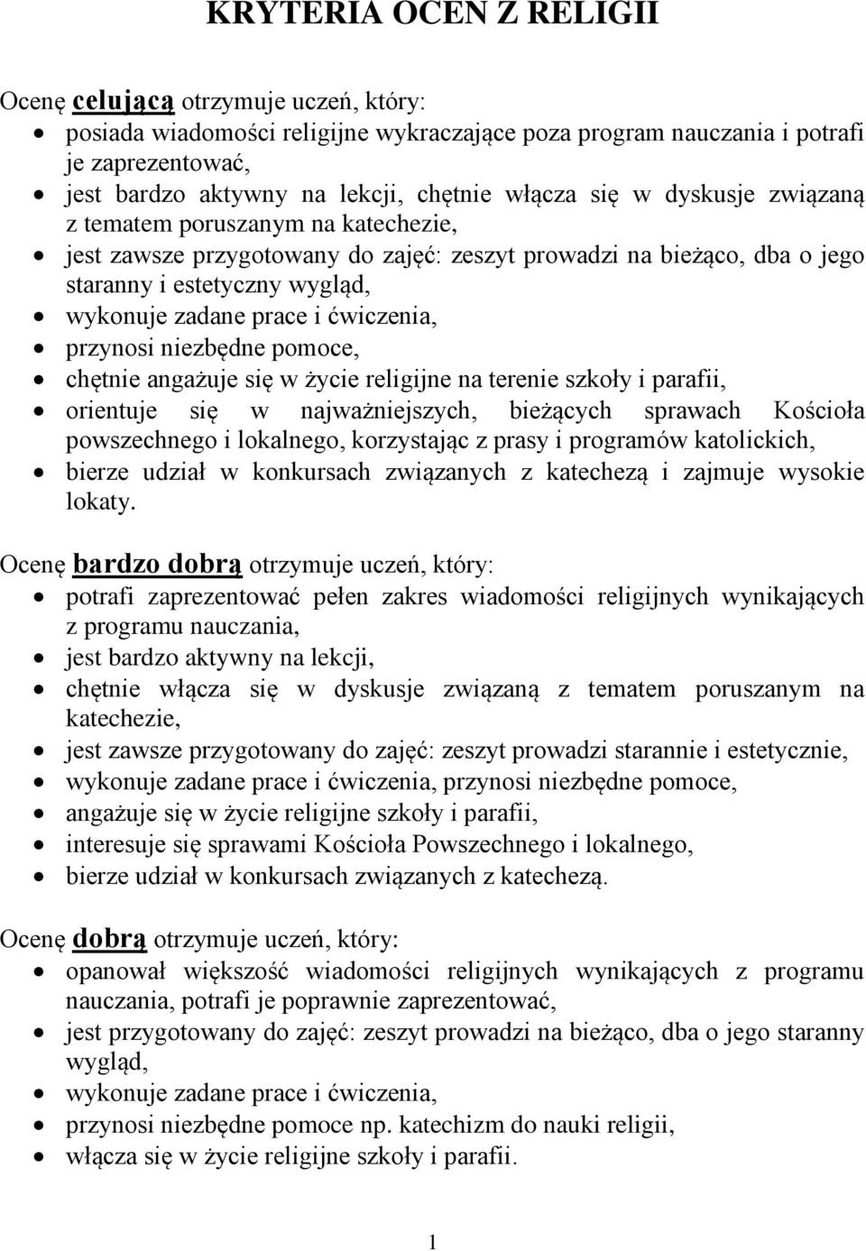 przynosi niezbędne pomoce, chętnie angażuje się w życie religijne na terenie szkoły i parafii, orientuje się w najważniejszych, bieżących sprawach Kościoła powszechnego i lokalnego, korzystając z