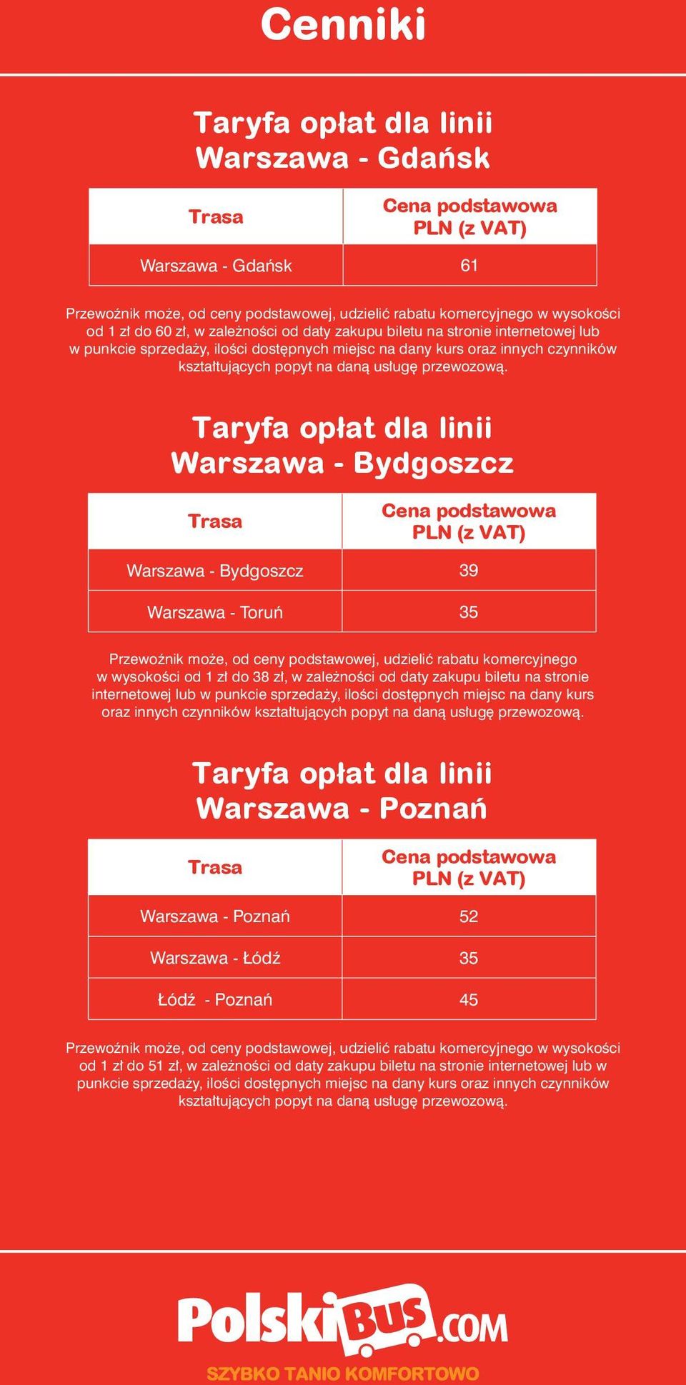 Warszawa - Bydgoszcz Warszawa - Bydgoszcz 39 Warszawa - Toruń 35 Przewoźnik może, od ceny podstawowej, udzielić rabatu komercyjnego w wysokości od 1 zł do 38 zł, w zależności od daty zakupu biletu na
