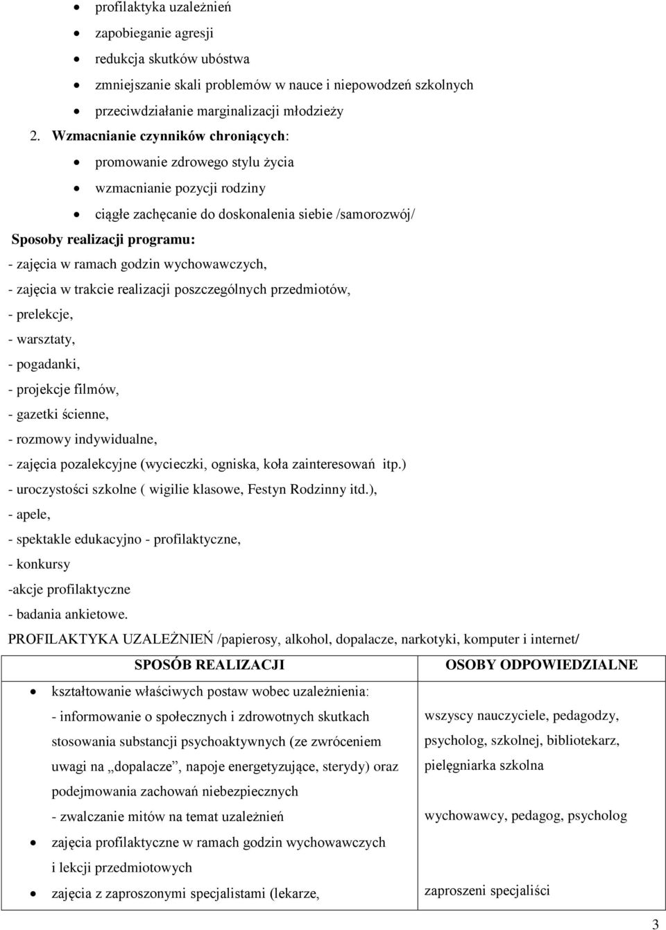 godzin wychowawczych, - zajęcia w trakcie realizacji poszczególnych przedmiotów, - prelekcje, - warsztaty, - pogadanki, - projekcje filmów, - gazetki ścienne, - rozmowy indywidualne, - zajęcia