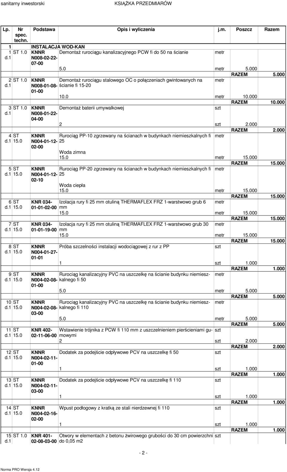 000 KNNR DemontaŜ rurociągu stalowego OC o połączeniach gwintowanych na metr N008-01-08- ścianie fi 15-20 01-00 10.0 metr 10.000 RAZEM 10.000 KNNR DemontaŜ baterii umywalkowej N008-01-22-04-00 2 2.