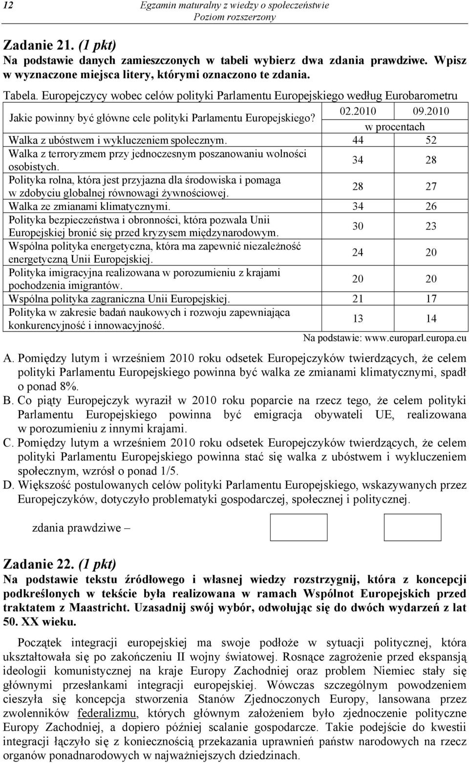 Europejczycy wobec celów polityki Parlamentu Europejskiego według Eurobarometru Jakie powinny być główne cele polityki Parlamentu Europejskiego? 02.2010 09.