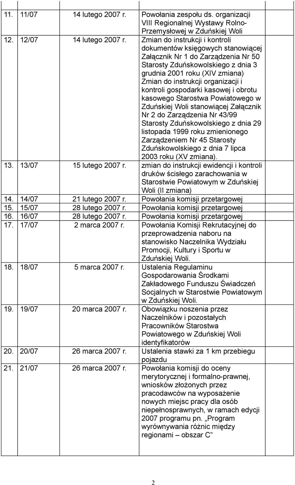 do Zarządzenia Nr 43/99 Starosty Zduńskowolskiego z dnia 29 listopada 1999 roku zmienionego Zarządzeniem Nr 45 Starosty Zduńskowolskiego z dnia 7 lipca 2003 roku (XV. 13. 13/07 15 lutego 2007 r.