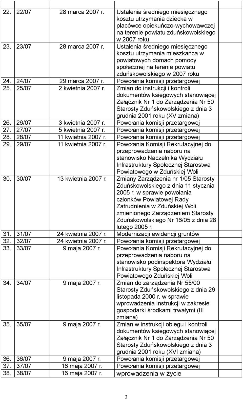 Powołania komisji przetargowej 25. 25/07 2 kwietnia 2007 r. Zmian do instrukcji i kontroli grudnia 2001 roku (XV 26. 26/07 3 kwietnia 2007 r. Powołania komisji przetargowej 27.