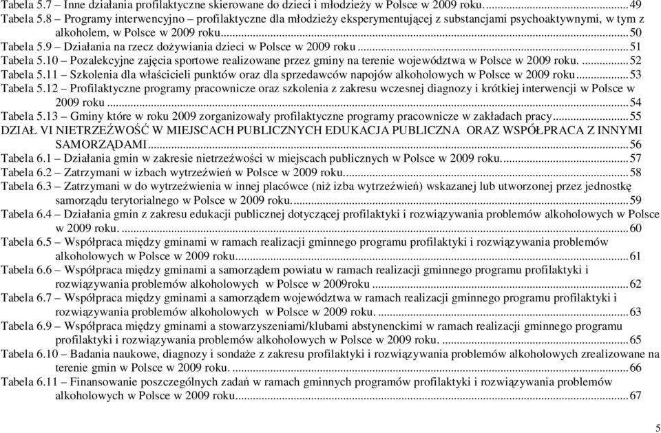 9 Działania na rzecz doŝywiania dzieci w Polsce w 2009 roku... 51 Tabela 5.10 Pozalekcyjne zajęcia sportowe realizowane przez gminy na terenie województwa w Polsce w 2009 roku.... 52 Tabela 5.