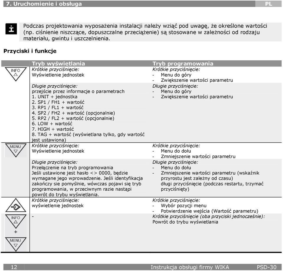 Przyciski i funkcje Tryb wyświetlania Krótkie przyciśnięcie: Wyświetlenie jednostek Długie przyciśnięcie: przejście przez informacje o parametrach 1. UNIT + jednostka 2. SP1 / FH1 + wartość 3.