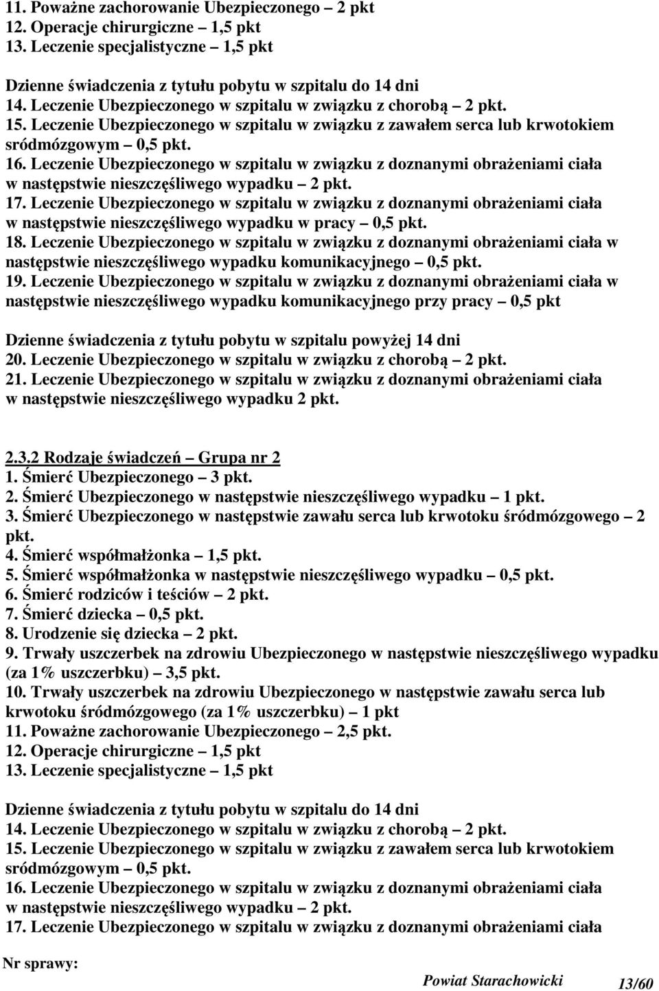 Leczenie Ubezpieczonego w szpitalu w związku z doznanymi obrażeniami ciała w następstwie nieszczęśliwego wypadku 2 pkt. 17.