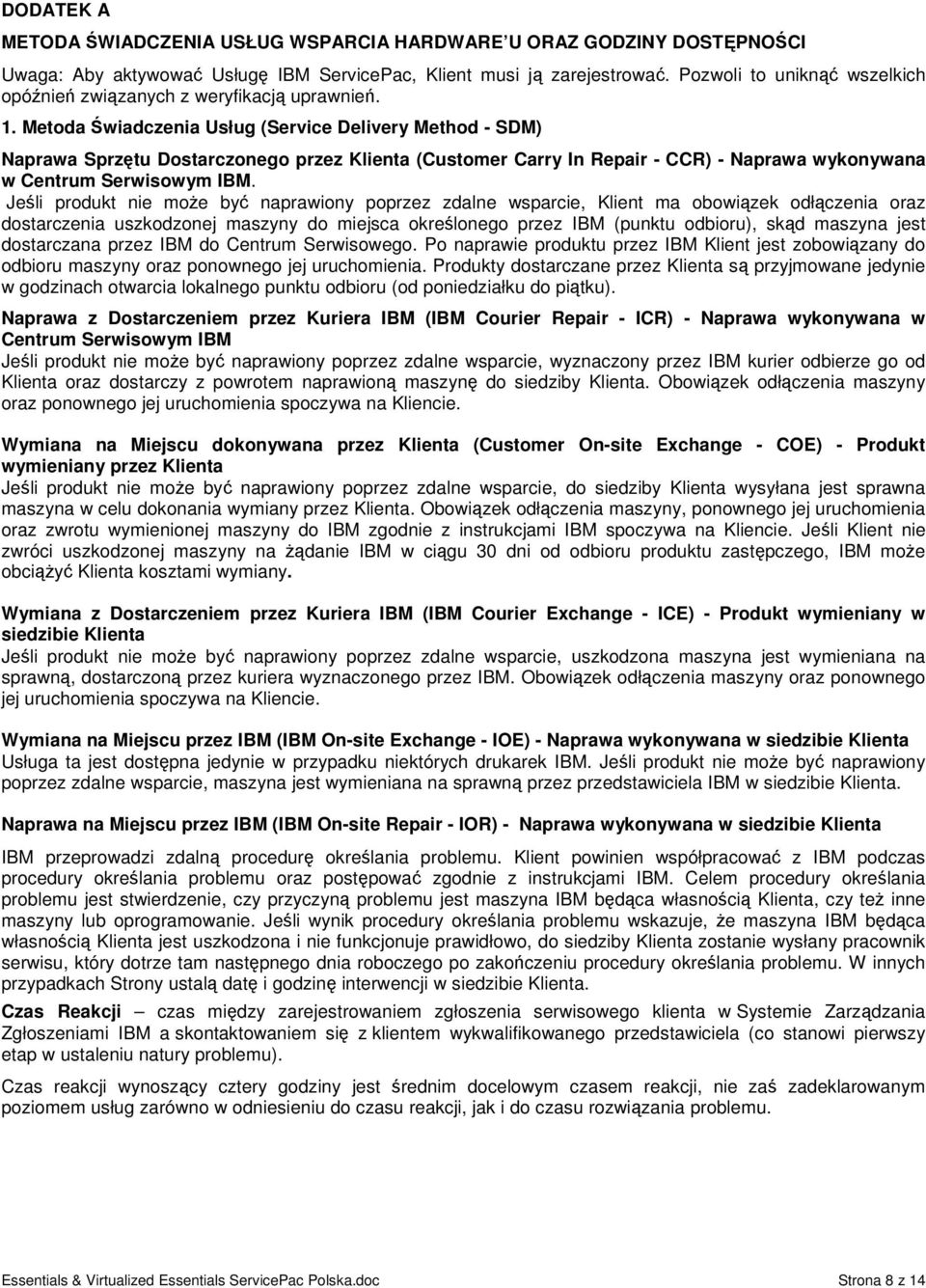 Metoda Świadczenia Usług (Service Delivery Method - SDM) Naprawa Sprzętu Dostarczonego przez Klienta (Customer Carry In Repair - CCR) - Naprawa wykonywana w Centrum Serwisowym IBM.