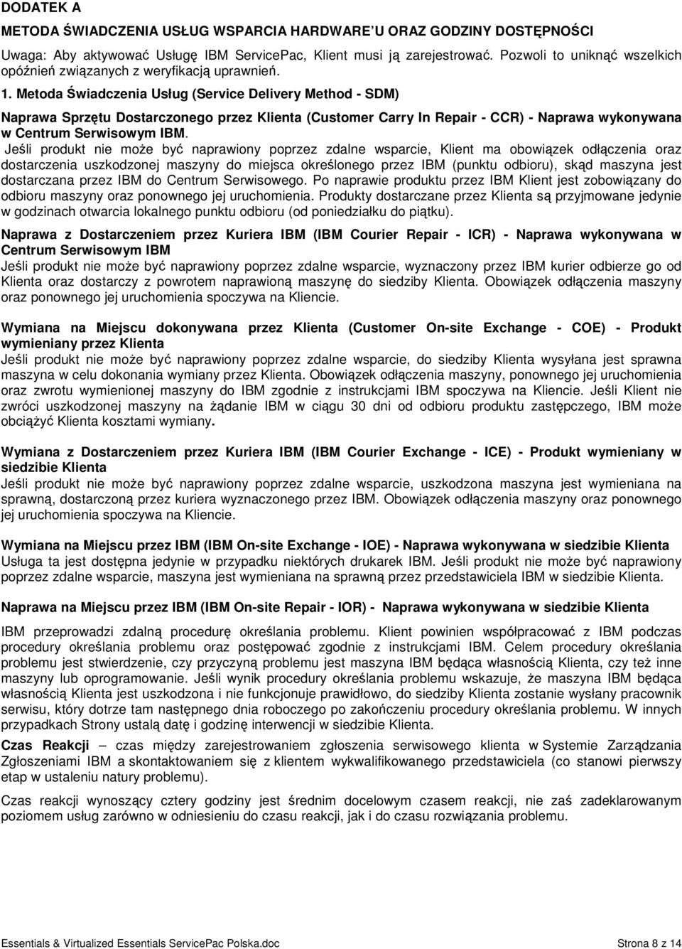 Metoda Świadczenia Usług (Service Delivery Method - SDM) Naprawa Sprzętu Dostarczonego przez Klienta (Customer Carry In Repair - CCR) - Naprawa wykonywana w Centrum Serwisowym IBM.