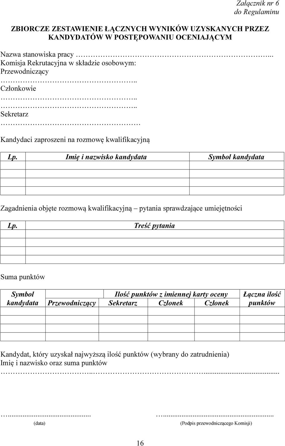 Imię i nazwisko kandydata Symbol kandydata Zagadnienia objęte rozmową kwalifikacyjną pytania sprawdzające umiejętności Lp.