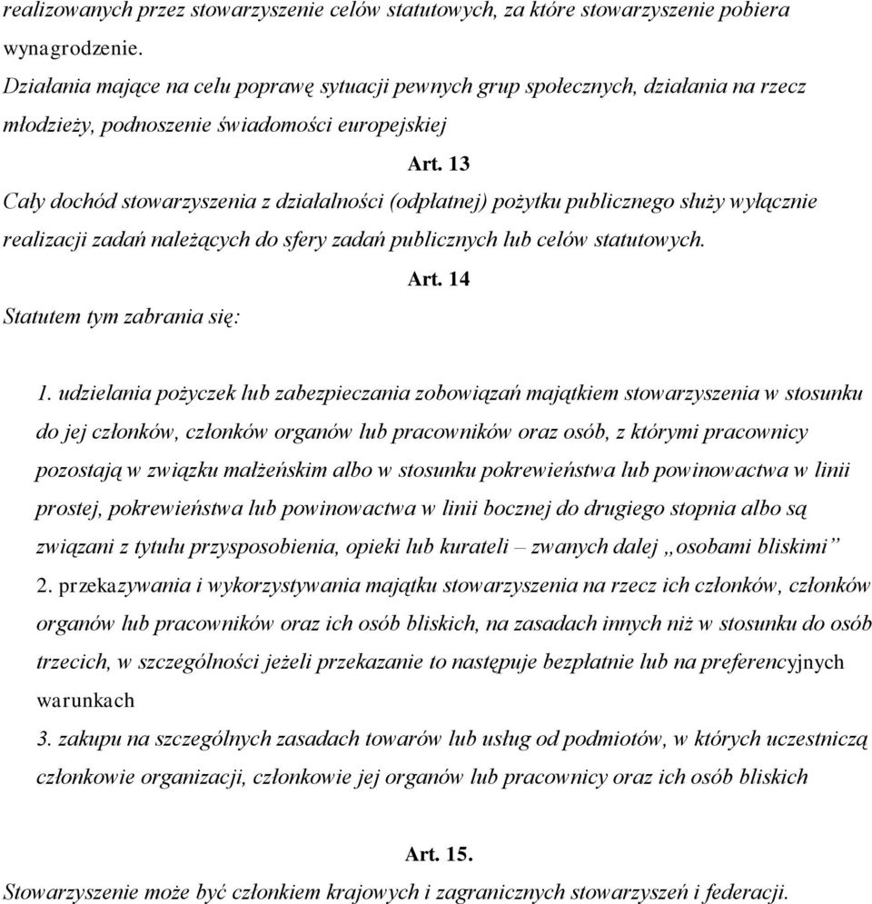 13 Cały dochód stowarzyszenia z działalności (odpłatnej) pożytku publicznego służy wyłącznie realizacji zadań należących do sfery zadań publicznych lub celów statutowych. Art.