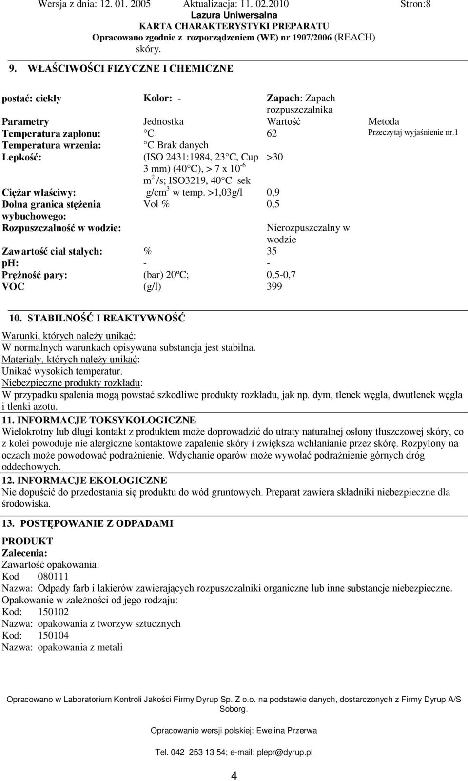 >1,03g/l 0,9 Dolna granica stężenia Vol % 0,5 wybuchowego: Rozpuszczalność w wodzie: Zawartość ciał stałych: % 35 ph: - - Prężność pary: (bar) 20ºC; 0,5-0,7 VOC (g/l) 399 Nierozpuszczalny w wodzie 10.