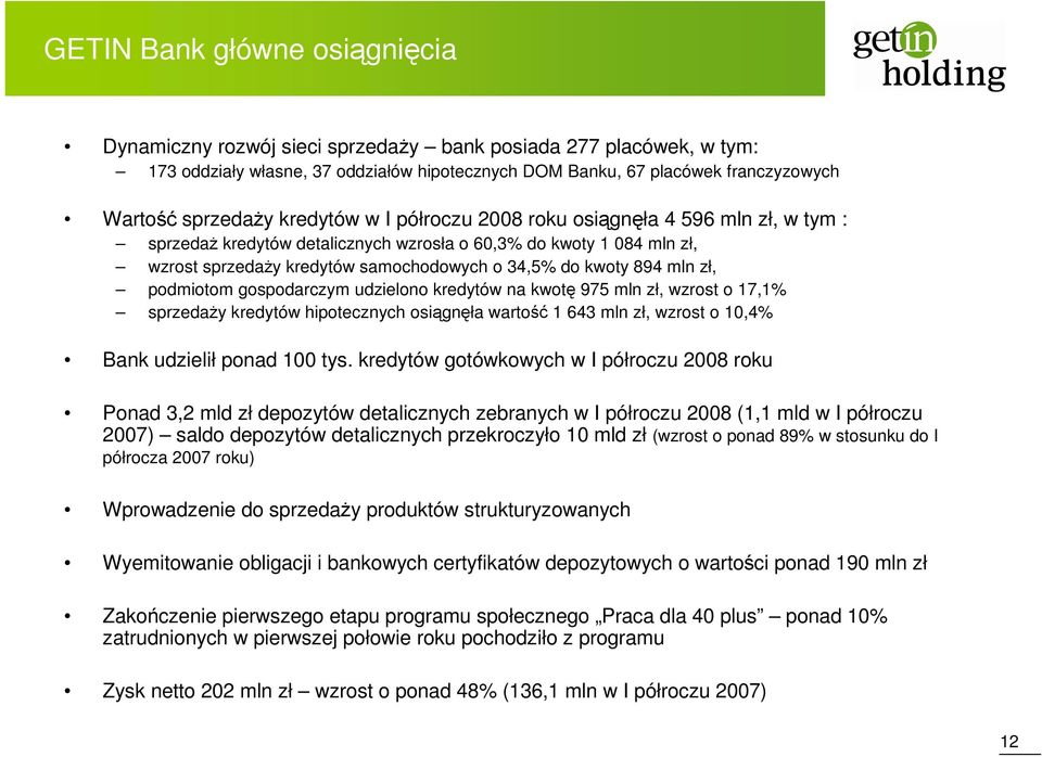 zł, podmiotom gospodarczym udzielono kredytów na kwotę 975 mln zł, wzrost o 17,1% sprzedaży kredytów hipotecznych osiągnęła wartość 1 643 mln zł, wzrost o 10,4% Bank udzielił ponad 100 tys.