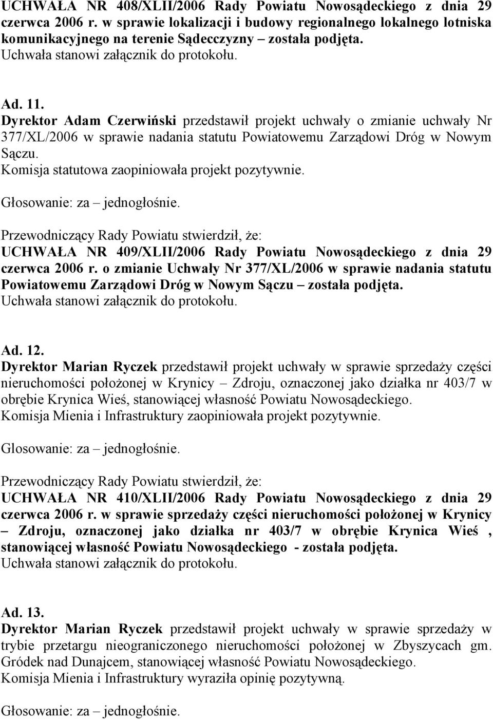 Komisja statutowa zaopiniowała projekt pozytywnie. UCHWAŁA NR 409/XLII/2006 Rady Powiatu Nowosądeckiego z dnia 29 czerwca 2006 r.