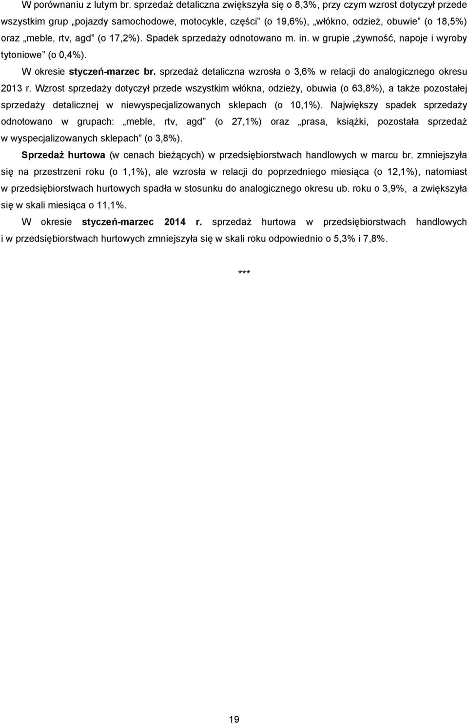 17,2%). Spadek sprzedaży odnotowano m. in. w grupie żywność, napoje i wyroby tytoniowe (o 0,4%). W okresie styczeń-marzec br.