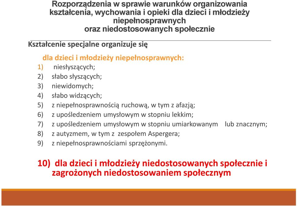 niepełnosprawnością ruchową, w tym z afazją; 6) z upośledzeniem umysłowym w stopniu lekkim; 7) z upośledzeniem umysłowym w stopniu umiarkowanym lub znacznym; 8) z