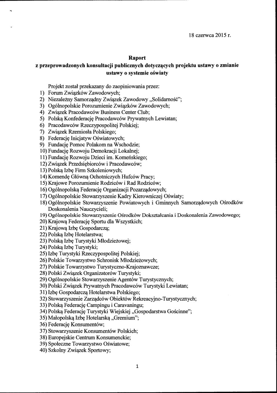 Niezależny Samorządny Związek Zawodowy "Solidarność"; 3) Ogólnopolskie Porozumienie Związków Zawodowych; 4) Związek Pracodawców Business Center Club; 5) Polską Konfederację Pracodawców Prywatnych