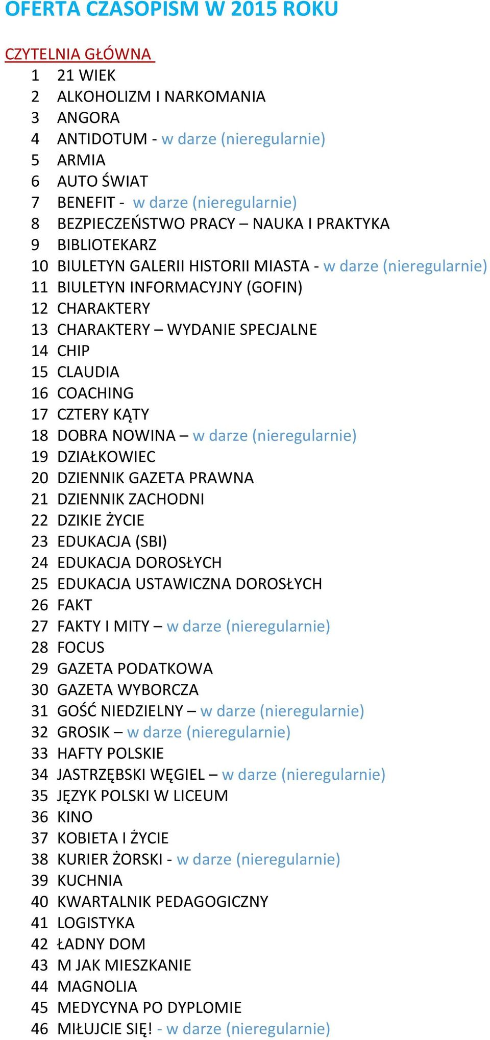 CHIP 15 CLAUDIA 16 COACHING 17 CZTERY KĄTY 18 DOBRA NOWINA w darze (nieregularnie) 19 DZIAŁKOWIEC 20 DZIENNIK GAZETA PRAWNA 21 DZIENNIK ZACHODNI 22 DZIKIE ŻYCIE 23 EDUKACJA (SBI) 24 EDUKACJA