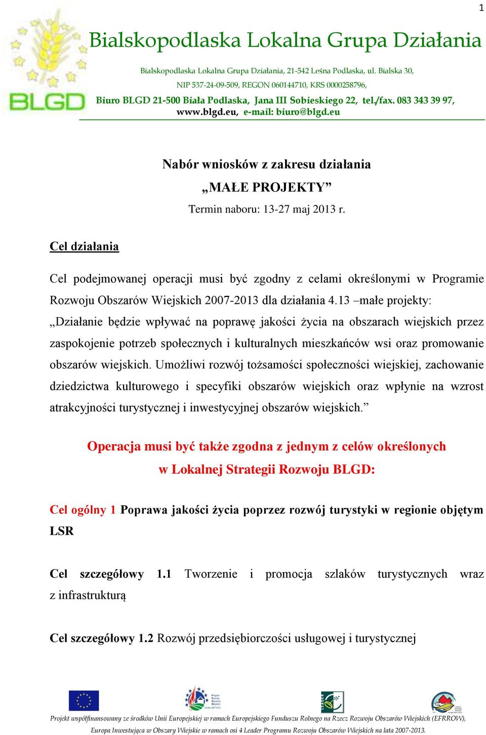eu Nabór wniosków z zakresu działania MAŁE PROJEKTY Termin naboru: 13-27 maj 2013 r.