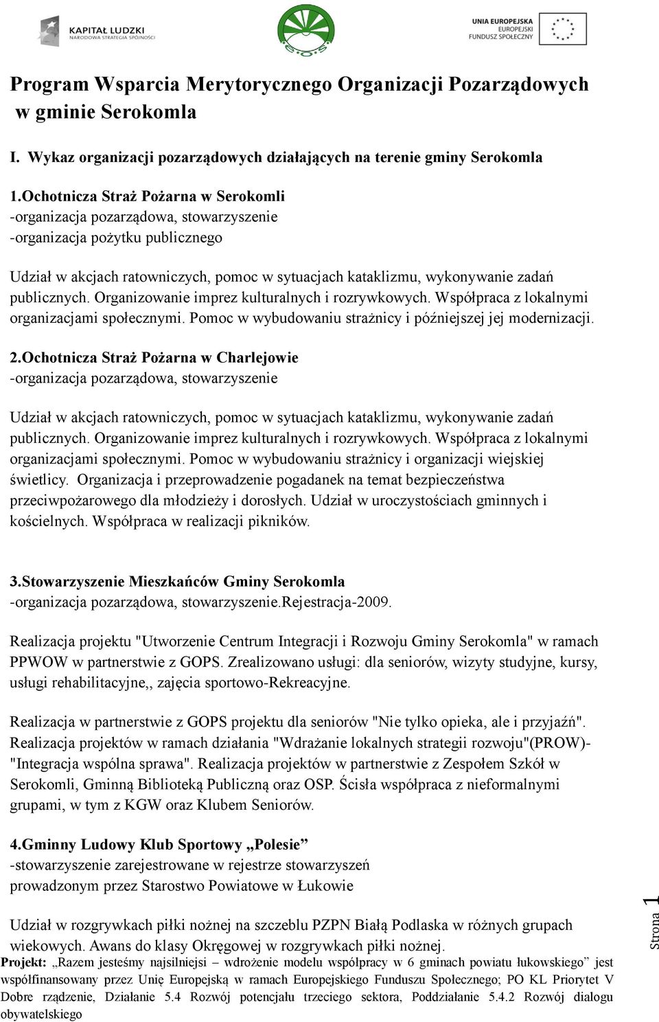 publicznych. Organizowanie imprez kulturalnych i rozrywkowych. Współpraca z lokalnymi organizacjami społecznymi. Pomoc w wybudowaniu strażnicy i późniejszej jej modernizacji. 2.