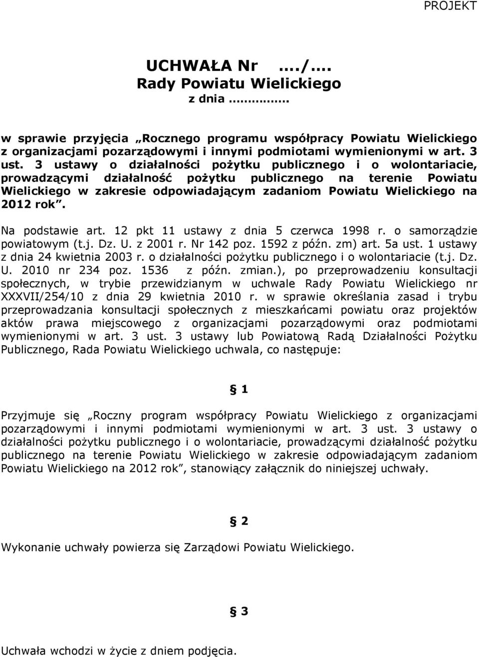2012 rok. Na podstawie art. 12 pkt 11 ustawy z dnia 5 czerwca 1998 r. o samorządzie powiatowym (t.j. Dz. U. z 2001 r. Nr 142 poz. 1592 z późn. zm) art. 5a ust. 1 ustawy z dnia 24 kwietnia 2003 r.