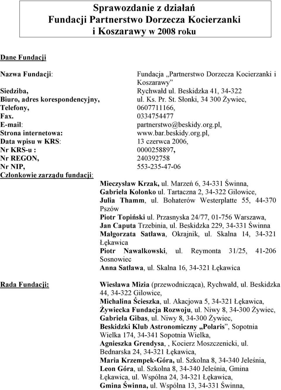 beskidy.org.pl, Data wpisu w KRS: 13 czerwca 2006, Nr KRS-u : 0000258897, Nr REGON, 240392758 Nr NIP, 553-235-47-06 Członkowie zarządu fundacji: Mieczysław Krzak, ul.