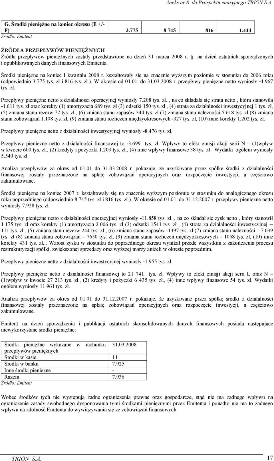 kształtowały się na znacznie wyŝszym poziomie w stosunku do 2006 roku (odpowiednio 3.775 tys. zł i 816 tys. zł.). W okresie od 01.01. do 31.03.2008 r. przepływy pienięŝne netto wyniosły -4.967 tys.