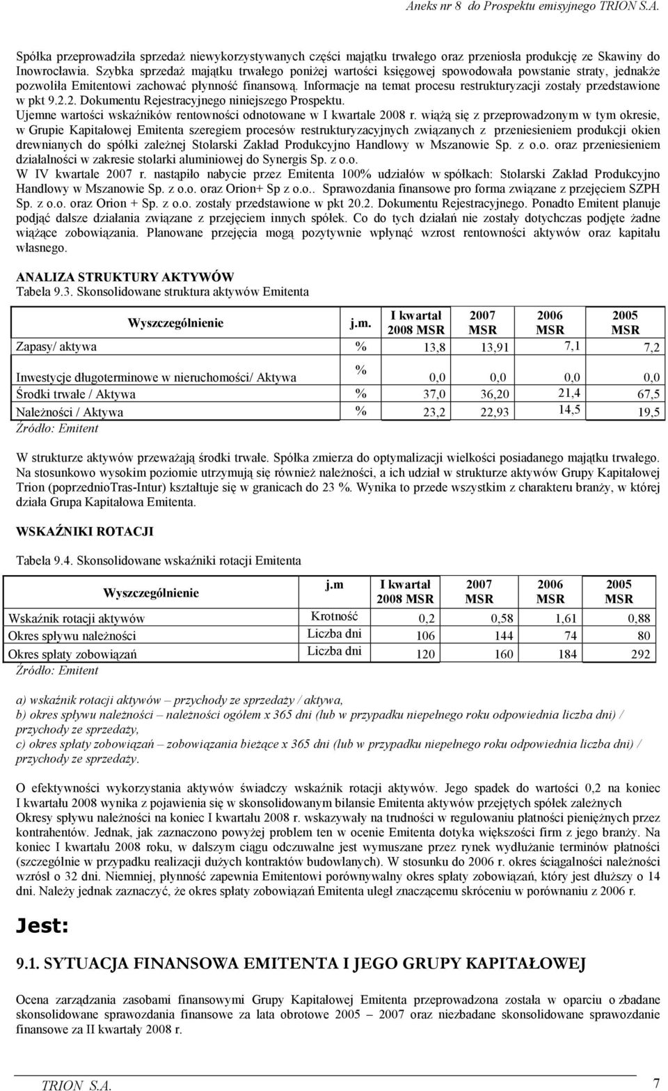 Informacje na temat procesu restrukturyzacji zostały przedstawione w pkt 9.2.2. Dokumentu Rejestracyjnego niniejszego Prospektu. Ujemne wartości wskaźników rentowności odnotowane w I kwartale 2008 r.