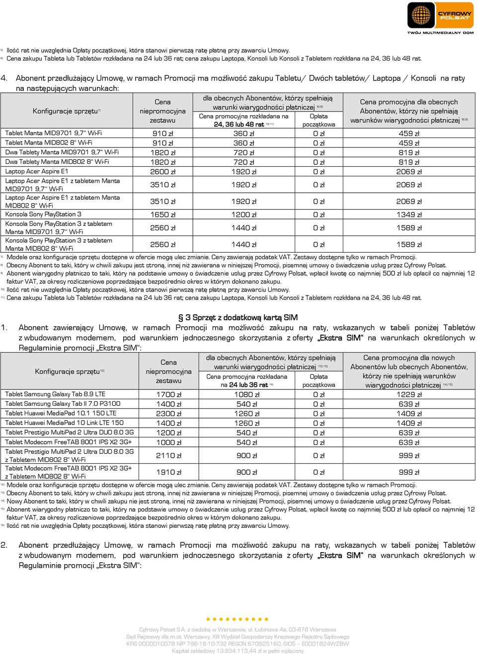 Abonent przedłużający Umowę, w ramach Promocji ma możliwość zakupu Tabletu/ Dwóch tabletów/ Laptopa / Konsoli na raty na następujących warunkach: Konfiguracje sprzętu 7) promocyjna dla obecnych 8) 9)