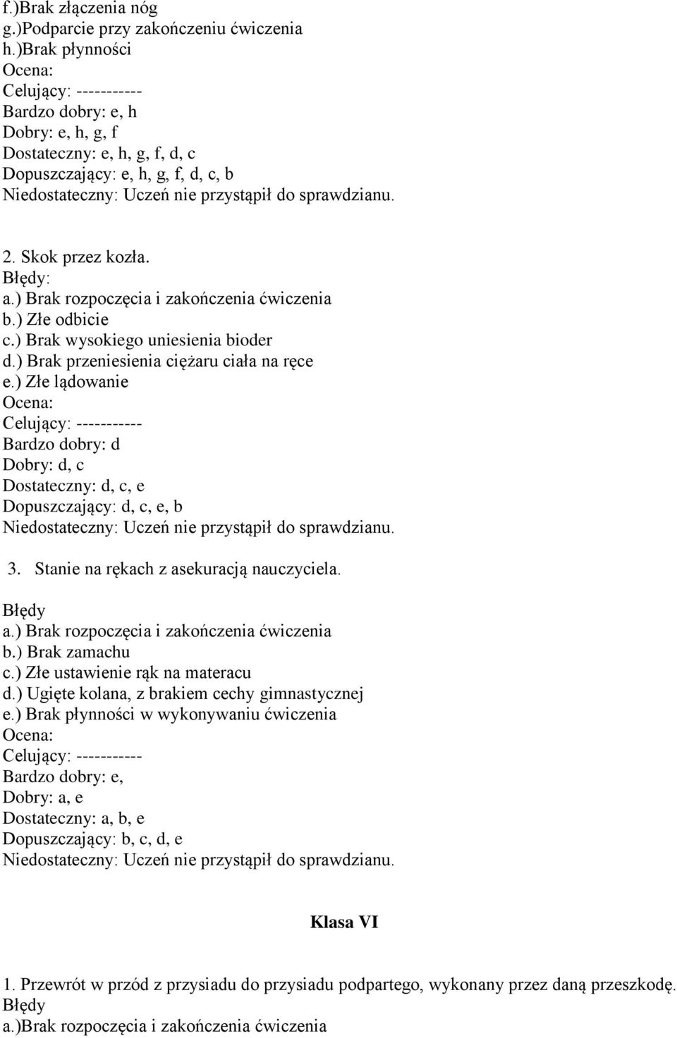 Skok przez kozła. Błędy: a.) Brak rozpoczęcia i zakończenia ćwiczenia b.) Złe odbicie c.) Brak wysokiego uniesienia bioder d.) Brak przeniesienia ciężaru ciała na ręce e.