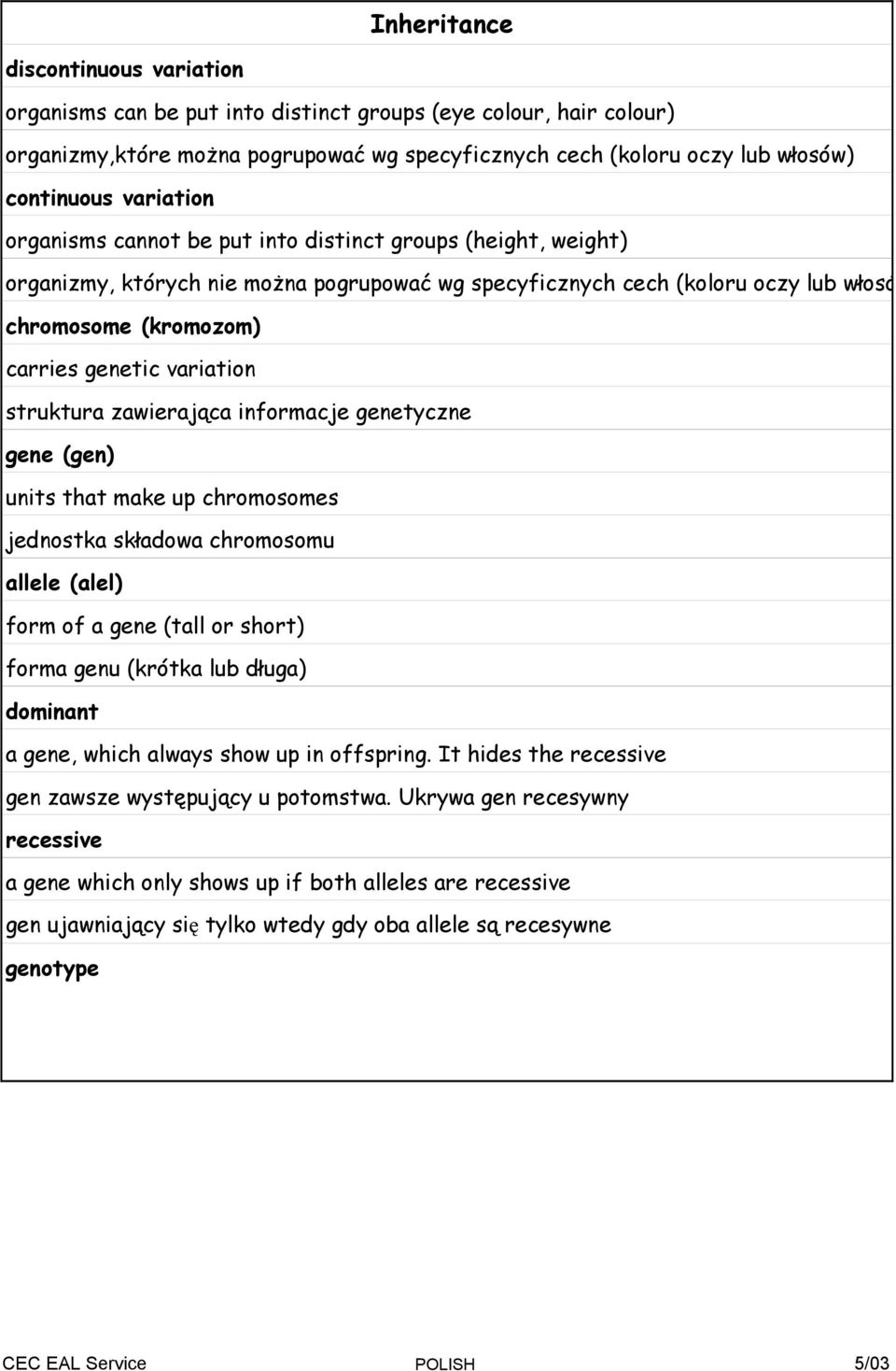 variation struktura zawierająca informacje genetyczne gene (gen) units that make up chromosomes jednostka składowa chromosomu allele (alel) form of a gene (tall or short) forma genu (krótka lub