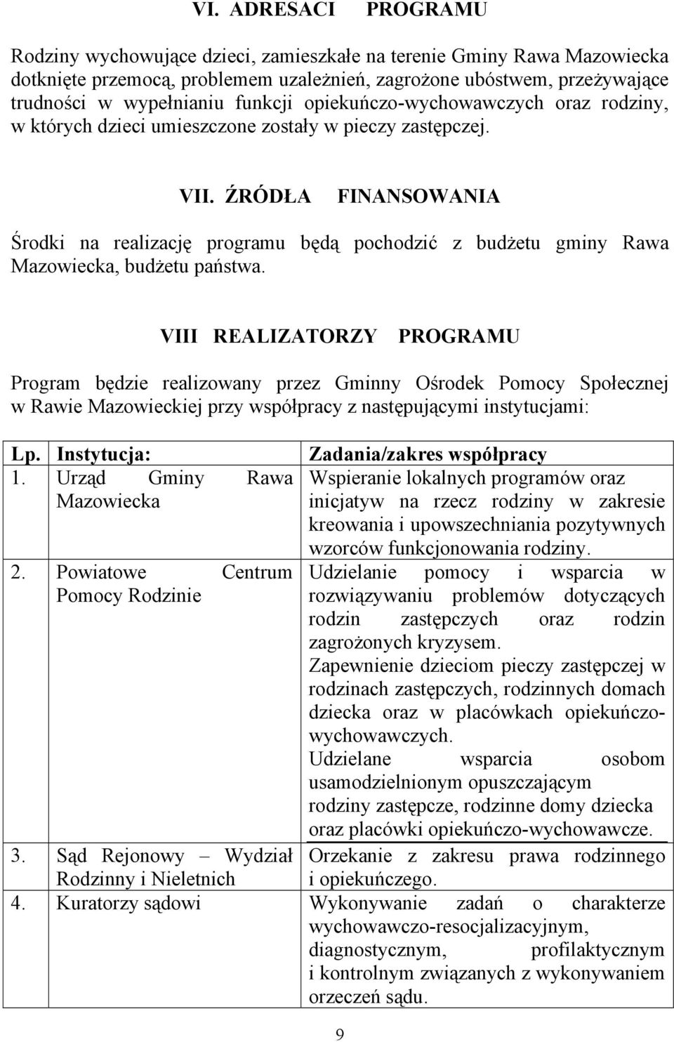 ŹRÓDŁA FINANSOWANIA Środki na realizację programu będą pochodzić z budżetu gminy Rawa Mazowiecka, budżetu państwa.