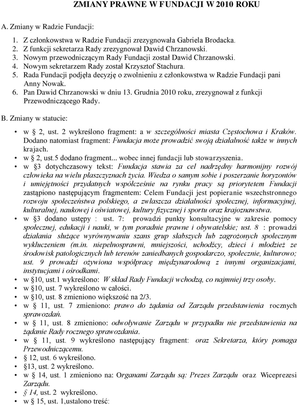 Rada Fundacji podjęła decyzję o zwolnieniu z członkowstwa w Radzie Fundacji pani Anny Nowak. 6. Pan Dawid Chrzanowski w dniu 13. Grudnia 2010 roku, zrezygnował z funkcji Przewodniczącego Rady. B.