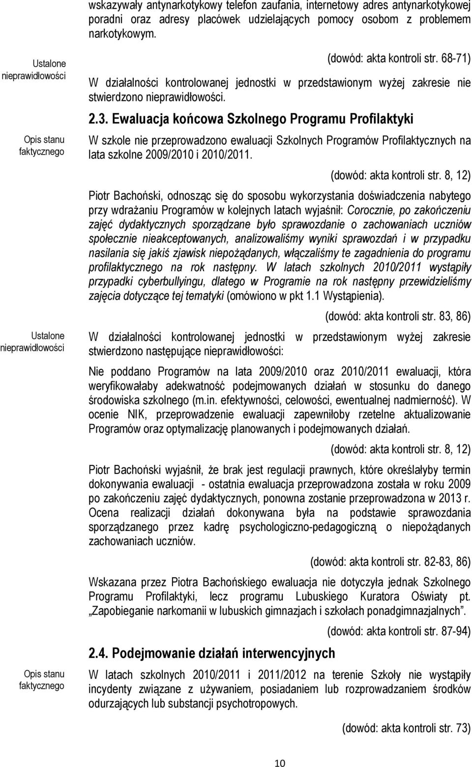 Ewaluacja końcowa Szkolnego Programu Profilaktyki W szkole nie przeprowadzono ewaluacji Szkolnych Programów Profilaktycznych na lata szkolne 2009/2010 i 2010/2011. (dowód: akta kontroli str.