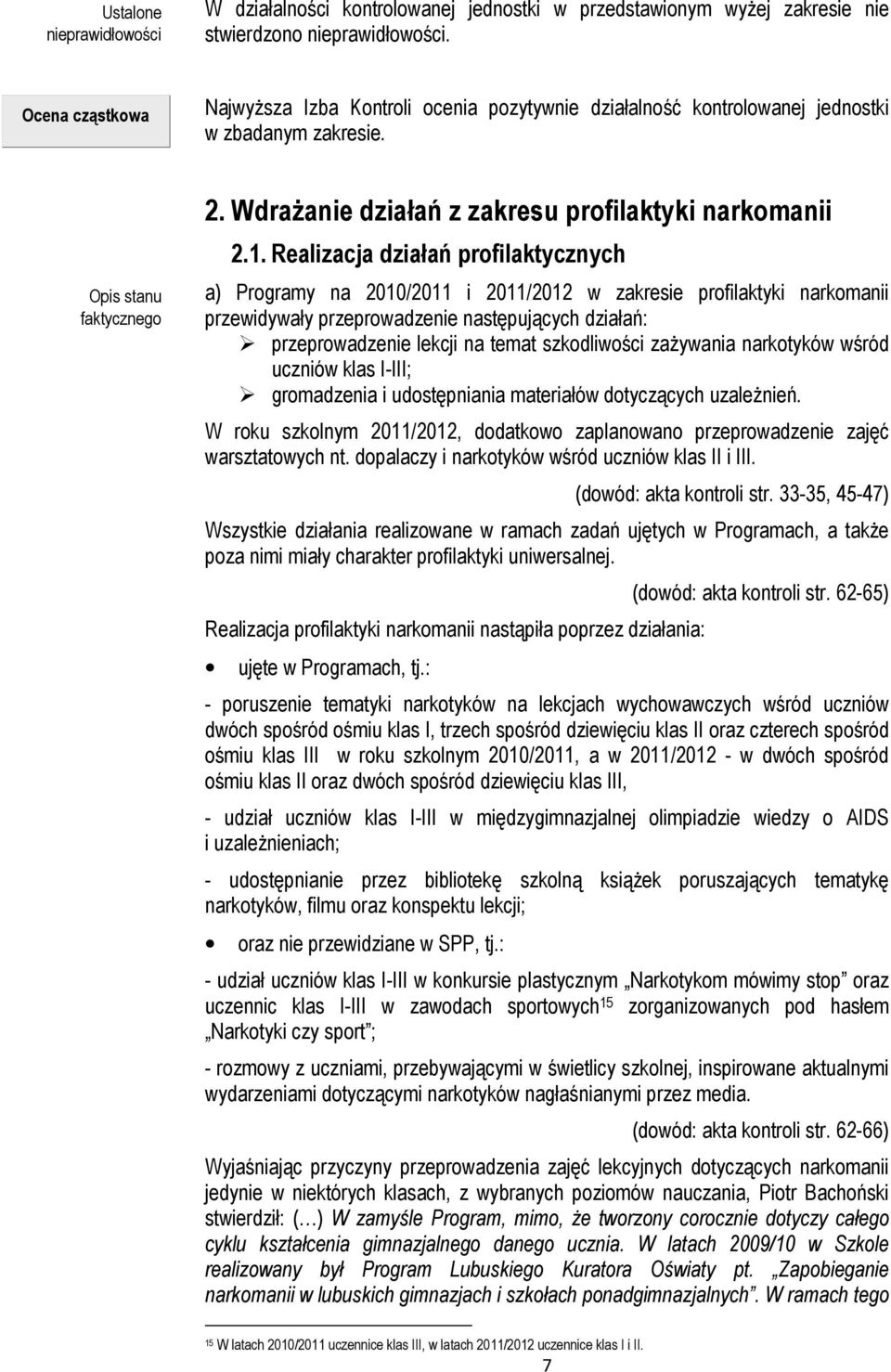 szkodliwości zażywania narkotyków wśród uczniów klas I-III; gromadzenia i udostępniania materiałów dotyczących uzależnień.