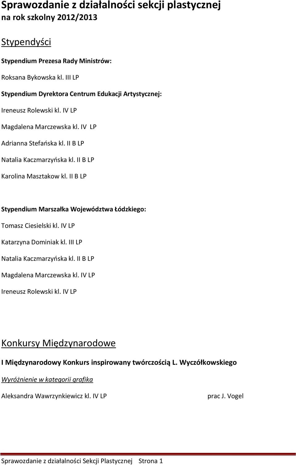 II B LP Karolina Masztakow kl. II B LP Stypendium Marszałka Województwa Łódzkiego: Tomasz Ciesielski kl. IV LP Katarzyna Dominiak kl. III LP Natalia Kaczmarzyńska kl.