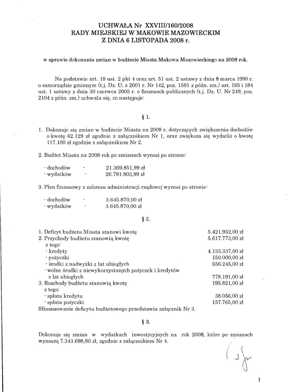 o finansach publicznych (t.j. Dz. U. Nr 249, poz. 2104 z p6in. zm.) uchwala siq, co nastqpuje: 1.. Dolconuje siq zmian w budzecie Miasta na 2008 r. dotyczqcych zwiqkszenia dochod6w o kwotq 62.