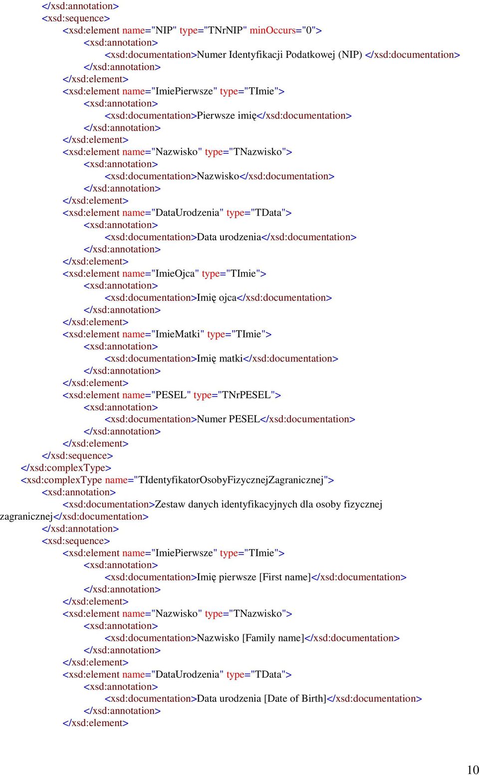 <xsd:documentation>data urodzenia</xsd:documentation> <xsd:element name="imieojca" type="timie"> <xsd:documentation>imię ojca</xsd:documentation> <xsd:element name="imiematki" type="timie">