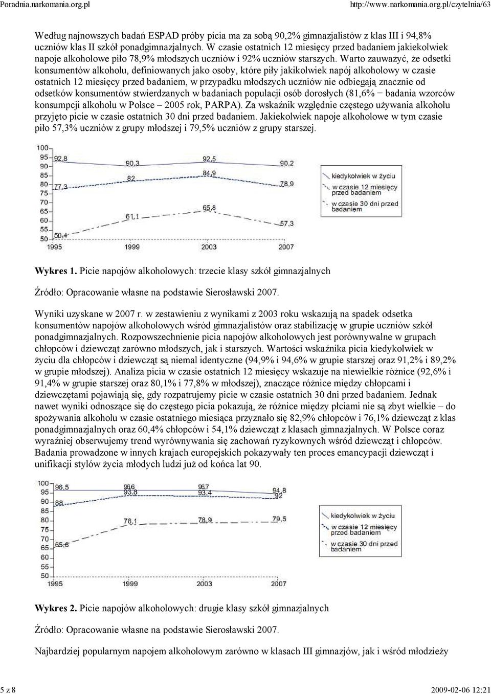 Warto zauwaŝyć, Ŝe odsetki konsumentów alkoholu, definiowanych jako osoby, które piły jakikolwiek napój alkoholowy w czasie ostatnich 12 miesięcy przed badaniem, w przypadku młodszych uczniów nie
