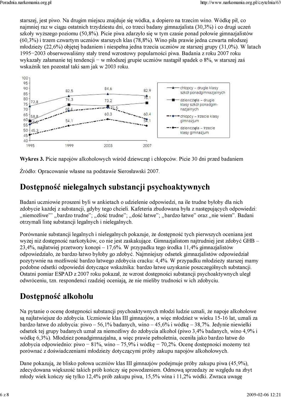 Picie piwa zdarzyło się w tym czasie ponad połowie gimnazjalistów (60,3%) i trzem czwartym uczniów starszych klas (78,8%).