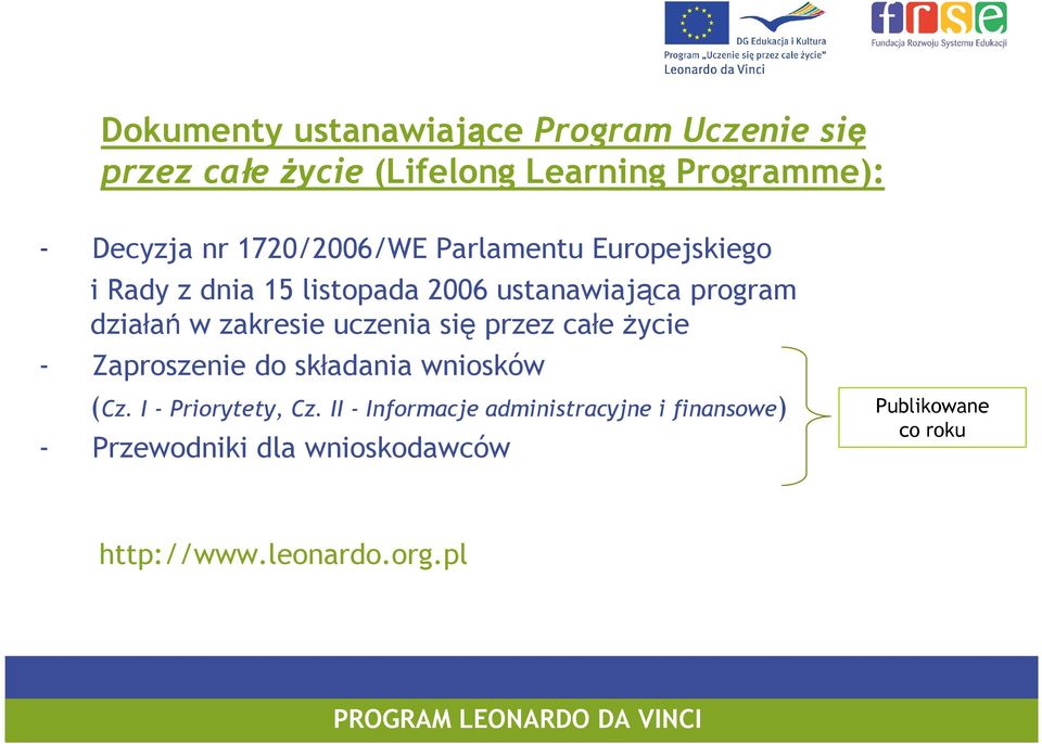 zakresie uczenia się przez całe Ŝycie - Zaproszenie do składania wniosków (Cz. I - Priorytety, Cz.