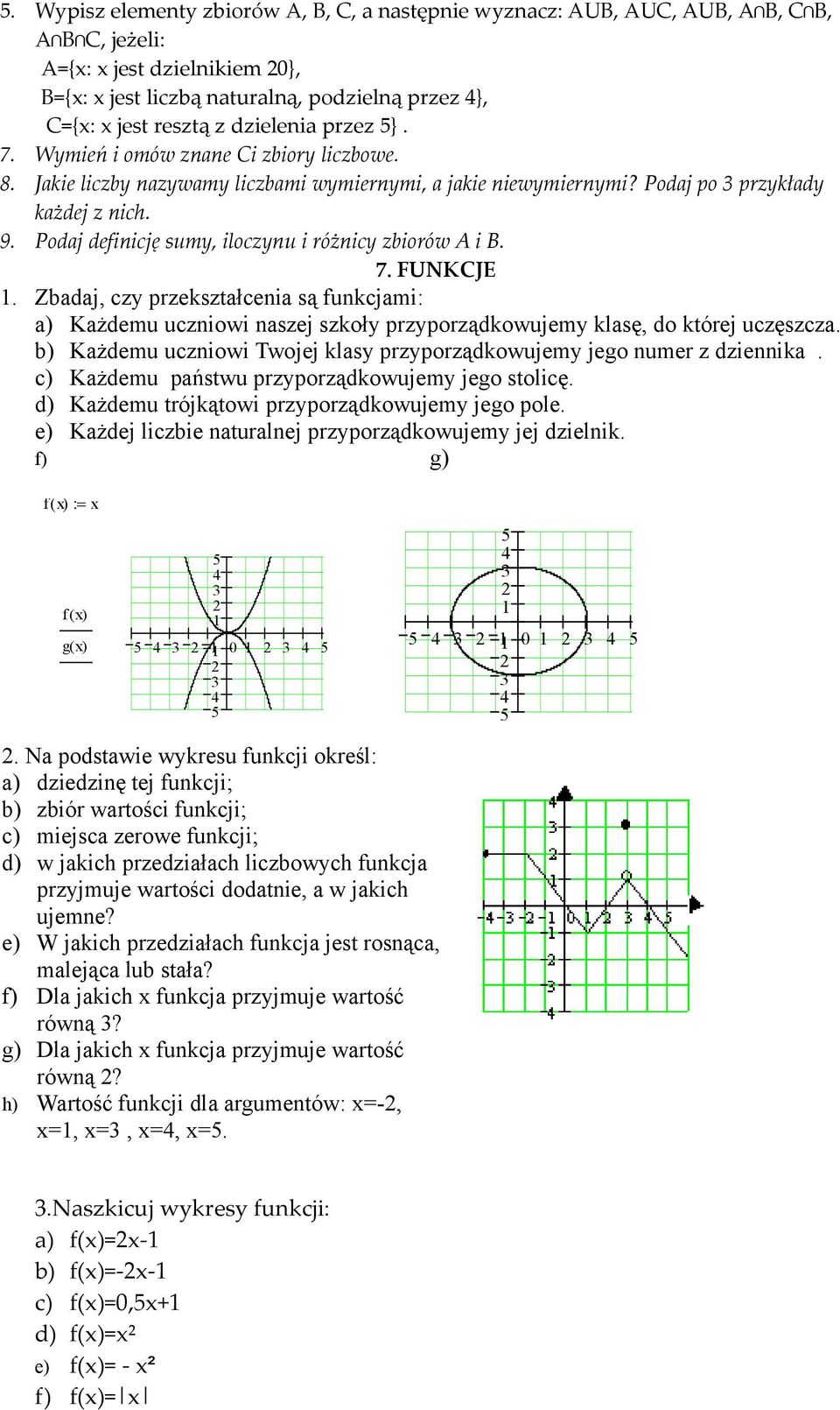 Podaj definicję sumy, iloczynu i różnicy zbiorów A i B.. FUNKCJE. Zbadaj, czy przekształcenia są funkcjami: Każdemu uczniowi naszej szkoły przyporządkowujemy klasę, do której uczęszcza.
