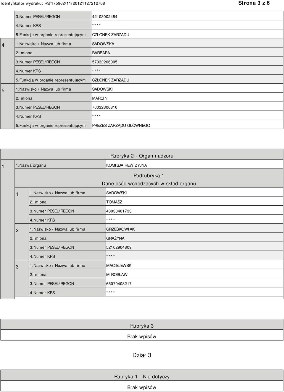 Nazwa organu KOMISJA REWIZYJNA Podrubryka 1 Dane osób wchodzących w skład organu 1 1.Nazwisko / Nazwa lub firma SADOWSKI TOMASZ 3.