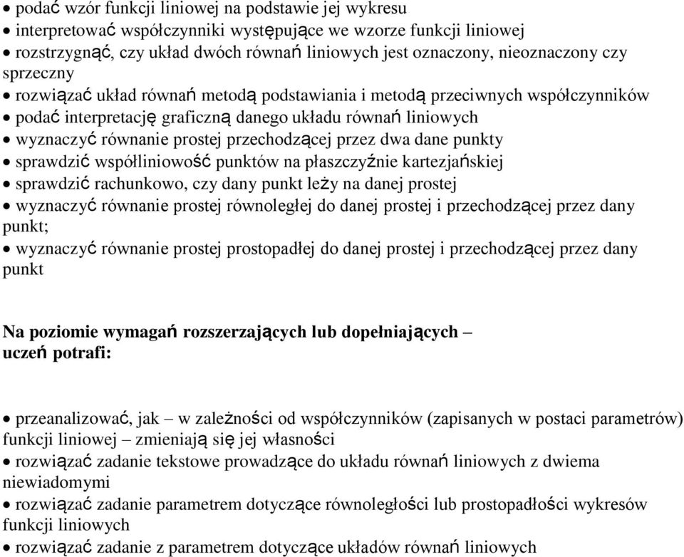 dwa dane punkty sprawdzić współliniowość punktów na płaszczyźnie kartezjańskiej sprawdzić rachunkowo, czy dany punkt leży na danej prostej wyznaczyć równanie prostej równoległej do danej prostej i