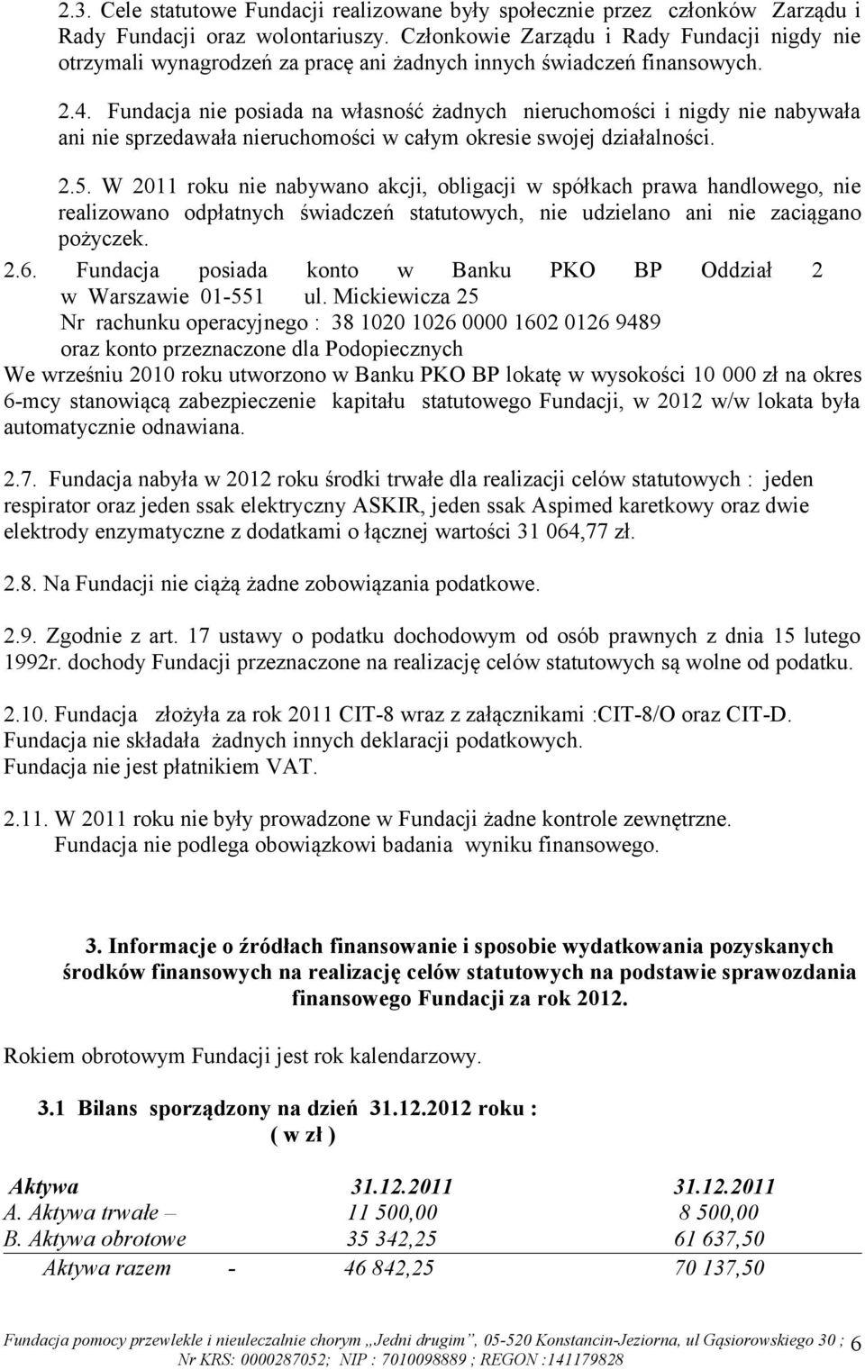 Fundacja nie posiada na własność żadnych nieruchomości i nigdy nie nabywała ani nie sprzedawała nieruchomości w całym okresie swojej działalności. 2.5.