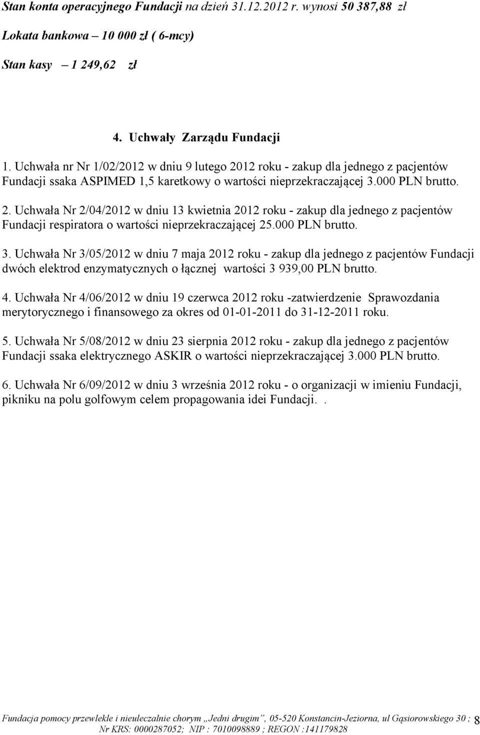 000 PLN brutto. 3. Uchwała Nr 3/05/2012 w dniu 7 maja 2012 roku - zakup dla jednego z pacjentów Fundacji dwóch elektrod enzymatycznych o łącznej wartości 3 939,00 PLN brutto. 4.