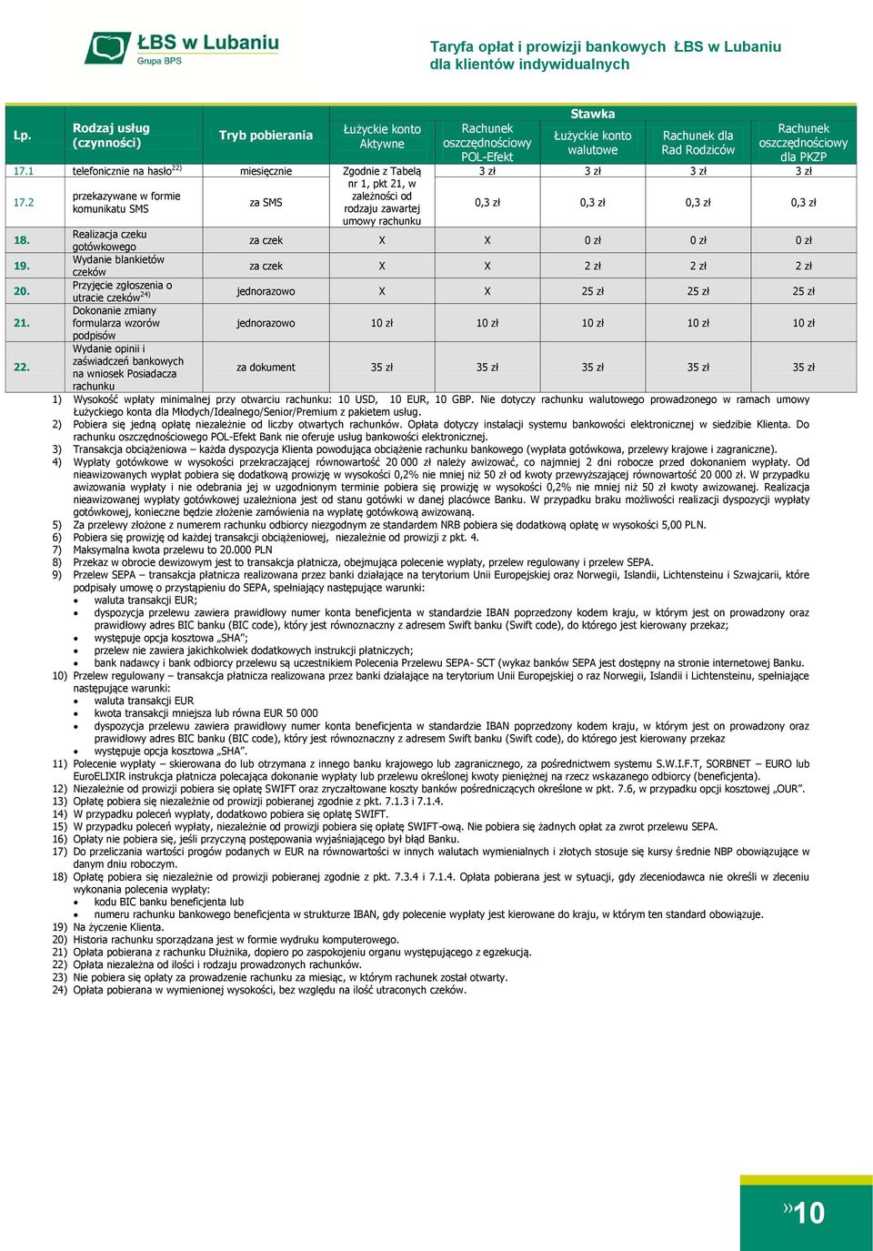 2 przekazywane w formie zależności od za SMS komunikatu SMS rodzaju zawartej 0,3 zł 0,3 zł 0,3 zł 0,3 zł umowy rachunku 18. Realizacja czeku gotówkowego za czek 19.