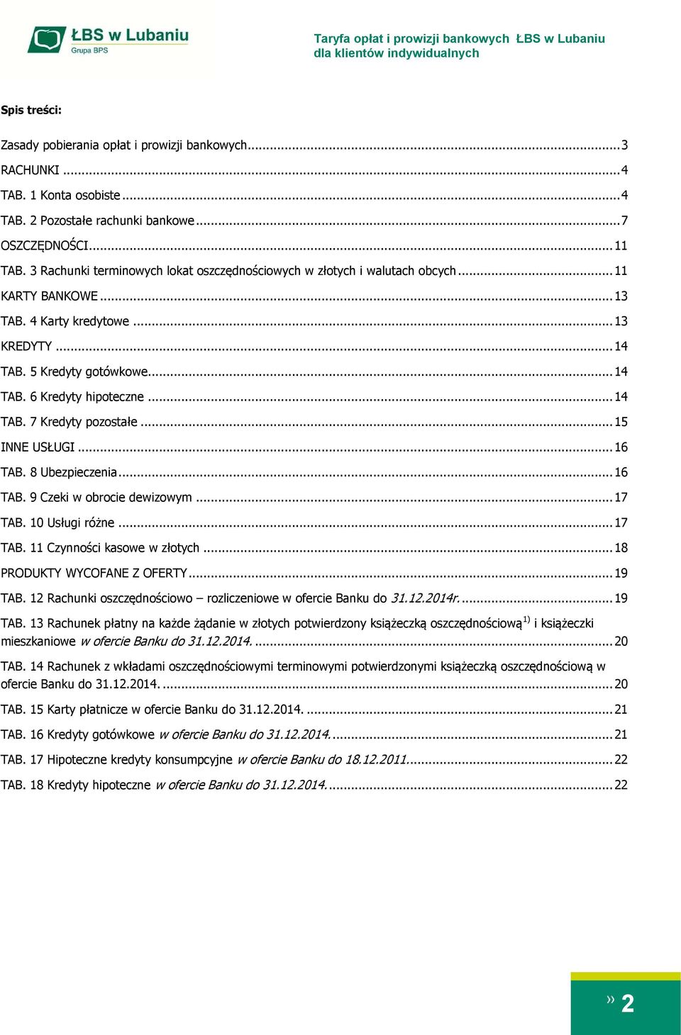 .. 14 TAB. 7 Kredyty pozostałe... 15 INNE USŁUGI... 16 TAB. 8 Ubezpieczenia... 16 TAB. 9 Czeki w obrocie dewizowym... 17 TAB. 10 Usługi różne... 17 TAB. 11 Czynności kasowe w złotych.